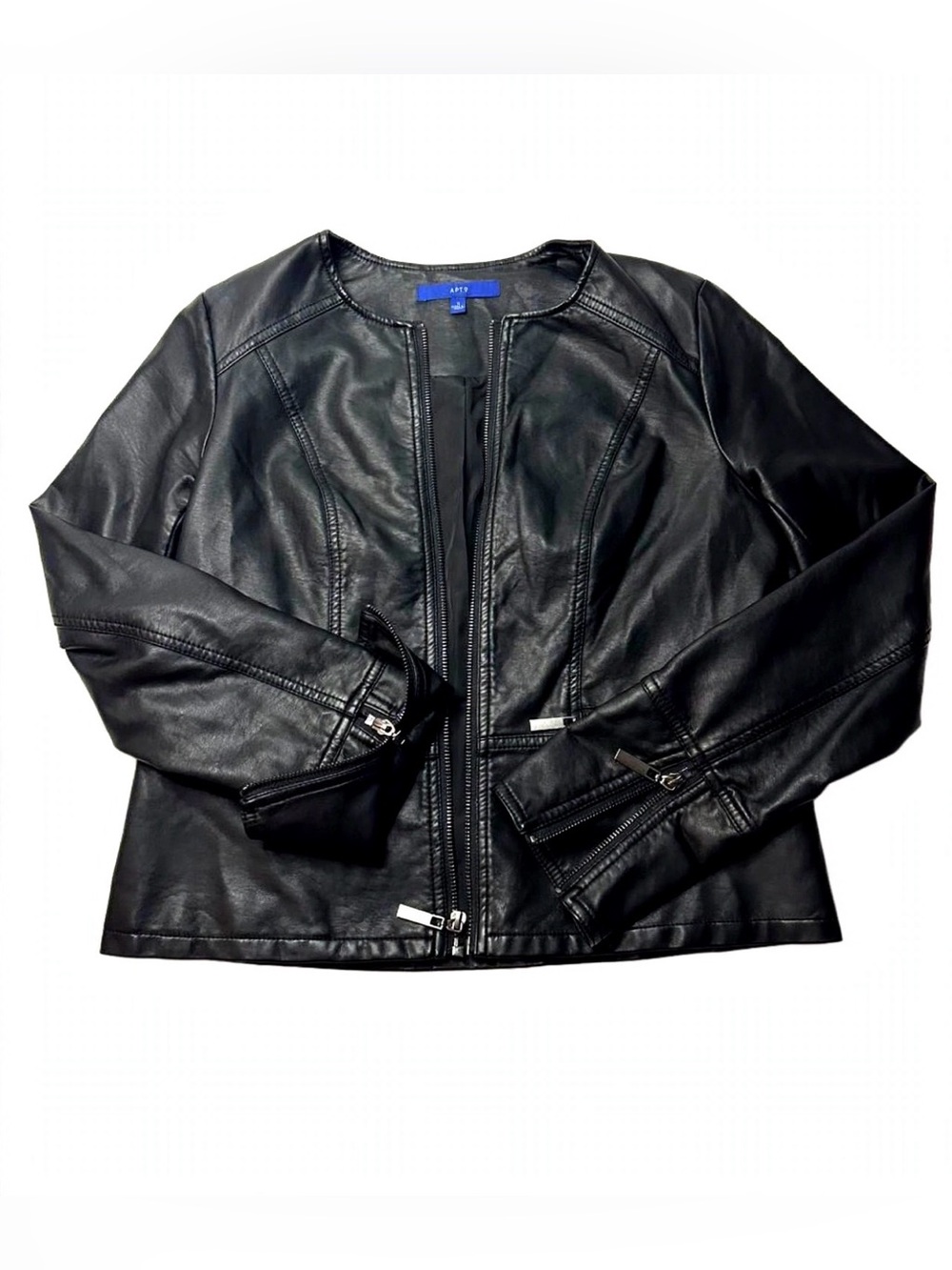APT.9 Black Faux Leather Moto Jacket Size S Collarless Zip Up Biker Fall